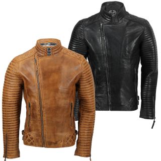 Mens Real Leather Biker Jacket Retro Moto Cafe Style In Vintage Tan,  Black