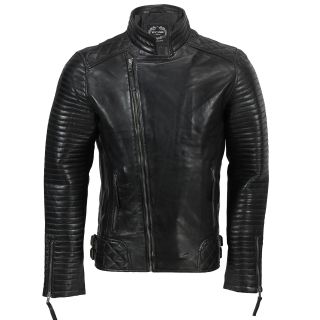 Mens Real Leather Biker Jacket Retro Moto Cafe Style in Vintage Tan,  Black 3