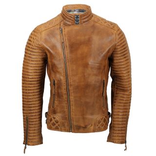 Mens Real Leather Biker Jacket Retro Moto Cafe Style in Vintage Tan,  Black 4
