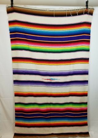 Vintage Mexican Blanket Serape Saltillo Woven Multicolor Stripe Aztec Fringe