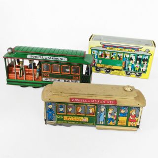 3 Vintage Tin Litho Friction San Francisco Cable Cars 1 Bell & 1 Box