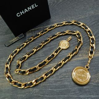 Chanel Gold Plated & Black Leather Cc Logos Vintage Chain Belt 4451a Rise - On