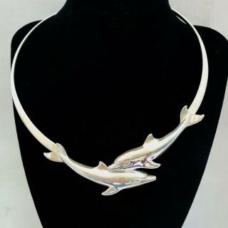 Rare Vintage Kabana Sterling Sliver Dolphin Ocean Choker Necklace 15” 52 Grams