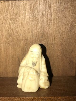Japanese Netsuke Sitting Old Man In Kimono Edo Miniature Hand Carved Figurine