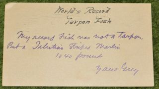 Vintage Zane Grey Signed Personalized " World Record Tarpon Fish " Post Card