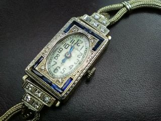 Vintage Bulova Wrist Watch 18kt.  White Gold,  25/100 Ct.  Diamond Sapphires Art Dec