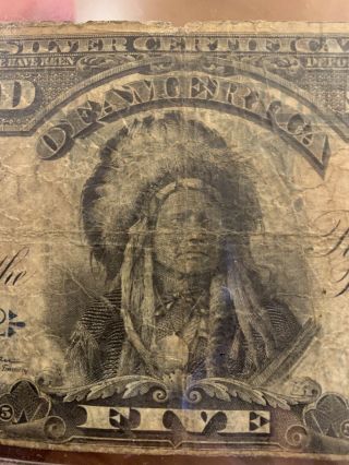 Vintage Silver Certificate Currency $5 Five Dollar Note Bill 1899 Indian Chief 8