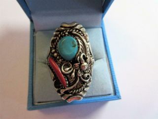 Vintage Navajo Indian Sterling Silver Turquoise & Coral Designer Ring - 22.  3g