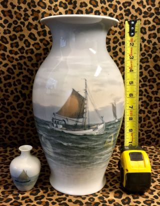 2 Vintage Royal Copenhagen Fishing Boat Vase 13” Large Vase Hand Painted Pair
