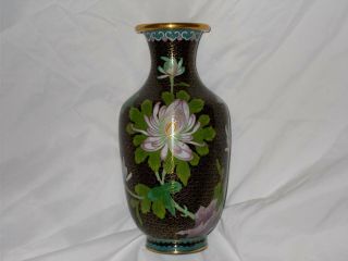 Chinese Brass Cloisonné Vase With Flowers And Blue Bird Pattern 9”