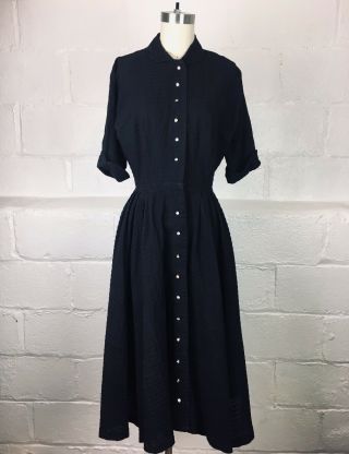 Vintage 1950’s Black Cotton Shirtwaist Dress Rhinestone Buttons
