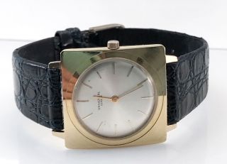 Vintage Universal Geneve 18k Yellow Gold Square Watch Silver Dial & Leather Band