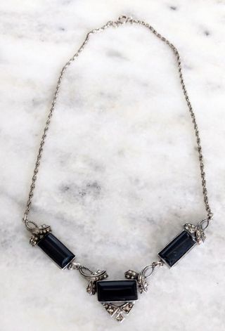Vintage Art Deco Necklace: Sterling Silver,  Onyx & Marcasite,  16 "