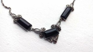 Vintage Art Deco Necklace: Sterling Silver,  Onyx & Marcasite,  16 