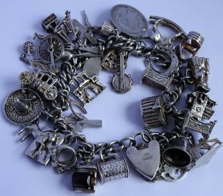 Vintage Heavy Solid Silver Charm Bracelet & 33 Charms.  Rare,  Open,  Move