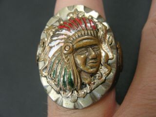 Vintage 1940s 1950s Mexico Indian Chief Bikers Ring Brass Copper Enamel Size 9.  5