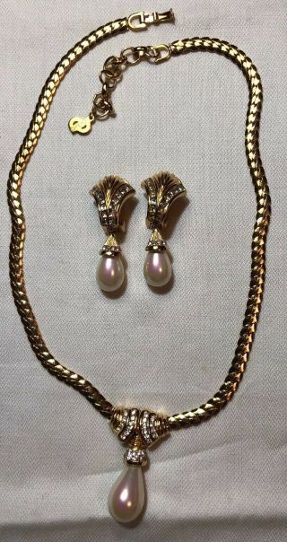 Vintage Christian Dior Faux Pearl Crystal Necklace & Clip On Earrings Set