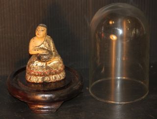 Glass Dome With Antique Buddha Monk Gilded Gold Gilt Gilding Cloche Vintage Old