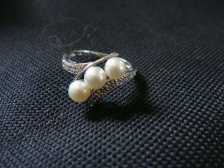 Vintage Cultured Salt Sea Pearl & Diamond Trilogy Ring In 9ct Gold Size M 1/2