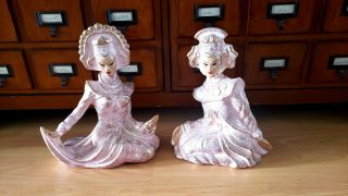 Vintage Mid Century Pink Asian Chinese Man & Woman Stoneware Statues Figurines