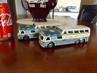 2 Tin Friction Toy Greyhound Bus Express Scenicruiser Lithograph Japan