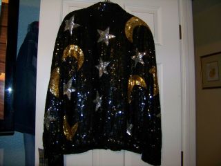 Vintage Sequin Bomber Jacket With Moon And Stars 80s Black Sequined Coat Glam