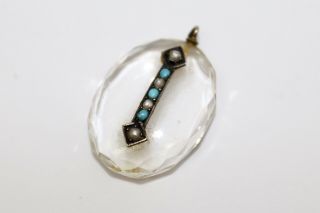 A Fine Antique Victorian Sterling Silver Rock Crystal Turquoise & Pearl Pendant