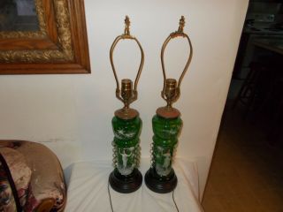 Antique Pair Mary Gregory Enameled Green Glass Table Estate Lamps
