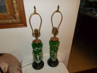 Antique Pair Mary Gregory Enameled Green Glass Table Estate Lamps 2