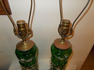 Antique Pair Mary Gregory Enameled Green Glass Table Estate Lamps 4