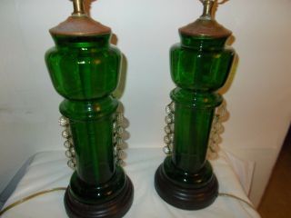 Antique Pair Mary Gregory Enameled Green Glass Table Estate Lamps 5