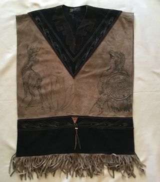 Vintage Van Dyck Leather Poncho Made In Mexico Fringed Deer