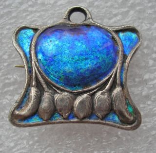 Stunning Antique Arts & Crafts Brooch Enamelled In Blue & Turquoise