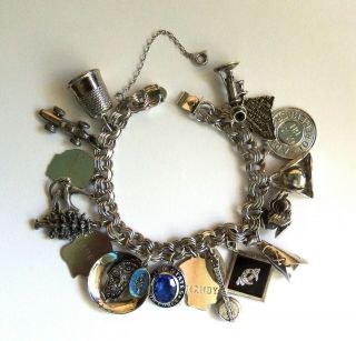 Vintage Elco Sterling Silver Charm Bracelet & 17 Charms 74 Grams,  Travel,  7 1/2 "
