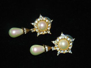Vintage Signed Christian Dior Pearl & Rhinestone Drop Star Earrings Pierced