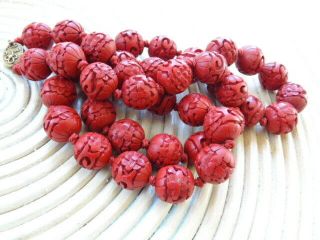 Fine Vtg Chinese Carved Red Cinnabar Bead 30 " Long Beaded Necklace 70g