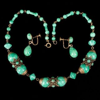 Antique Art Nouveau Peking Glass Necklace Earrings Set 1915 Chinese Emerald Jade