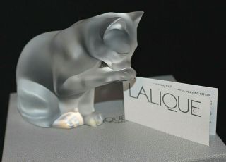 Vintage LALIQUE FRANCE Grooming Cat Frosted Clear Glass Figurine Orig Box Kitten 2