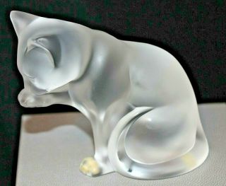 Vintage LALIQUE FRANCE Grooming Cat Frosted Clear Glass Figurine Orig Box Kitten 3
