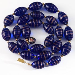 Venetian Murano Art Glass Necklace Beaded Cobalt Blue Aventurine Cloisonne Clasp