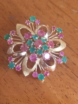 Vintage Estate 14k Yellow Gold Brooch Set With Rubies & Emeralds 10 Grams