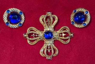 Vintage Park Lane Royal Blue Cabochon Clip Earrings And Brooch Gold Tone Reserve