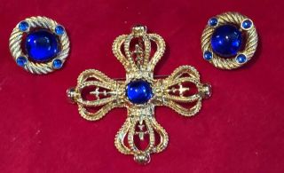 Vintage Park Lane Royal Blue Cabochon Clip Earrings and Brooch Gold Tone Reserve 2