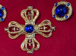 Vintage Park Lane Royal Blue Cabochon Clip Earrings and Brooch Gold Tone Reserve 3