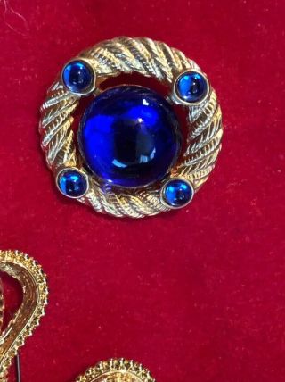Vintage Park Lane Royal Blue Cabochon Clip Earrings and Brooch Gold Tone Reserve 5