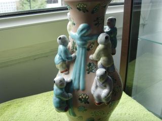 Antique Vintage Famille Rose Chinese Porcelain Vase With 7 Buddhas And Flowers