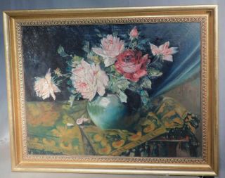 Vintage Arts Crafts Oil Painting Orientalist Still Life Roses Carpet Brandel