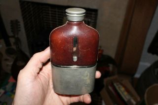 Antique Leather Hand Blown Silver Plate Hip Flask & Silver Cup Vintage