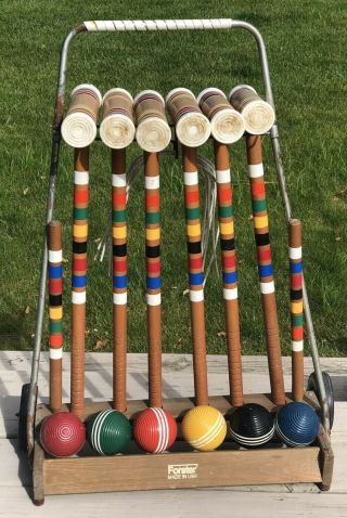 Vintage Forster Deluxe " Skowhegan " Croquet Set 6 Player With Rolling Lawn Rack