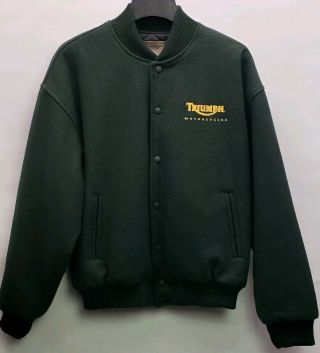 Vintage Triumph Motorcycles Green Wool Varsity Jacket Size Large Quilted Lining